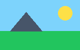 A simple flat-color landscape with blue sky, green ground, a dark mountain, and a yellow sun